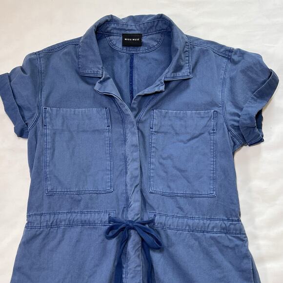 MIOU MUSE Easygoing Romper Size Small Blue 100% Cotton Tie Waist Shorts Casual - Picture 2 of 13